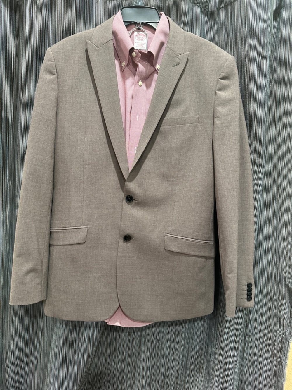 Express Taupe Blazer with Pink Button-Down Shirt